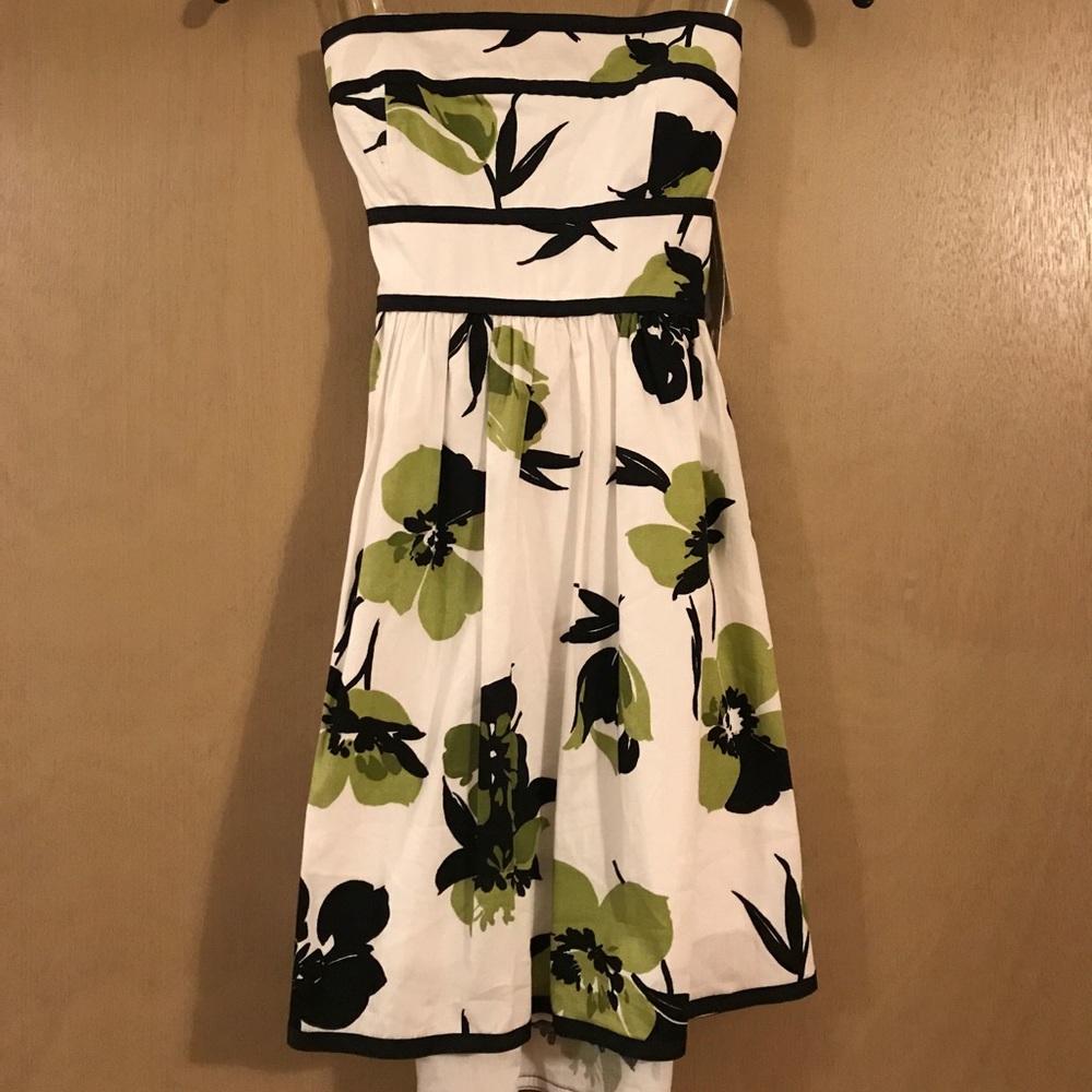 Strapless White Floral Black Green A-Line Dress